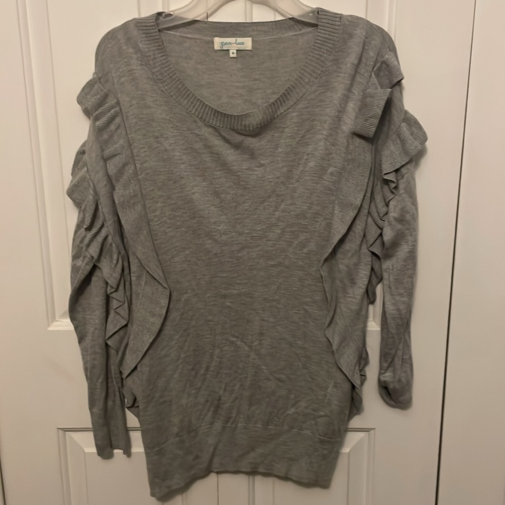Grace & Lace Grey Ruffled Sweater Sz Medium GUC CUTE BSC